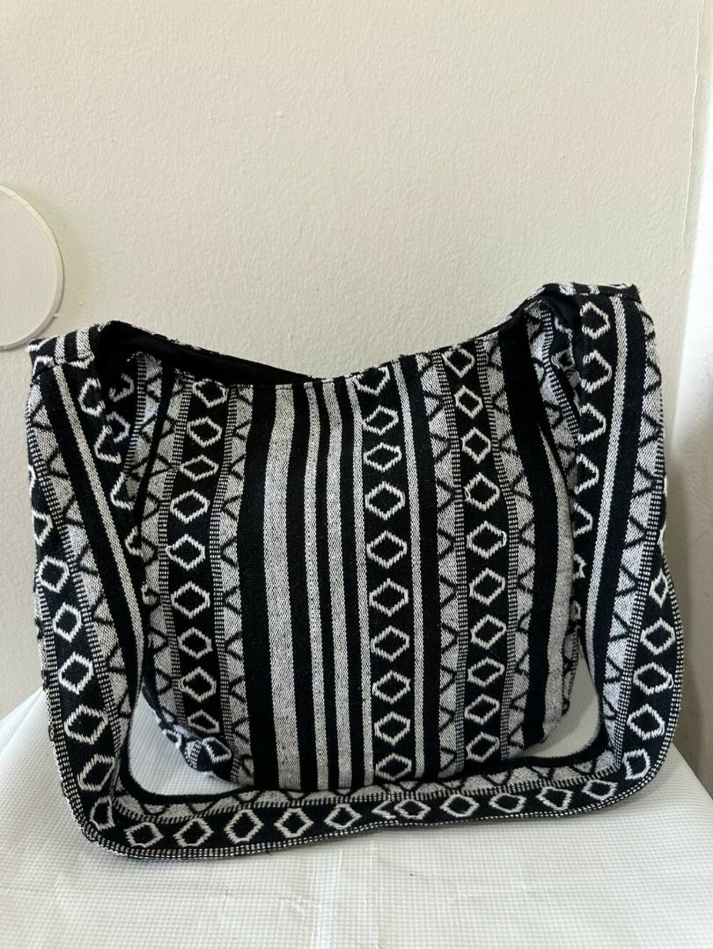 Boho Black & White Geometric Woven Hobo Sling Bag | Hippie Crossbody Purse
